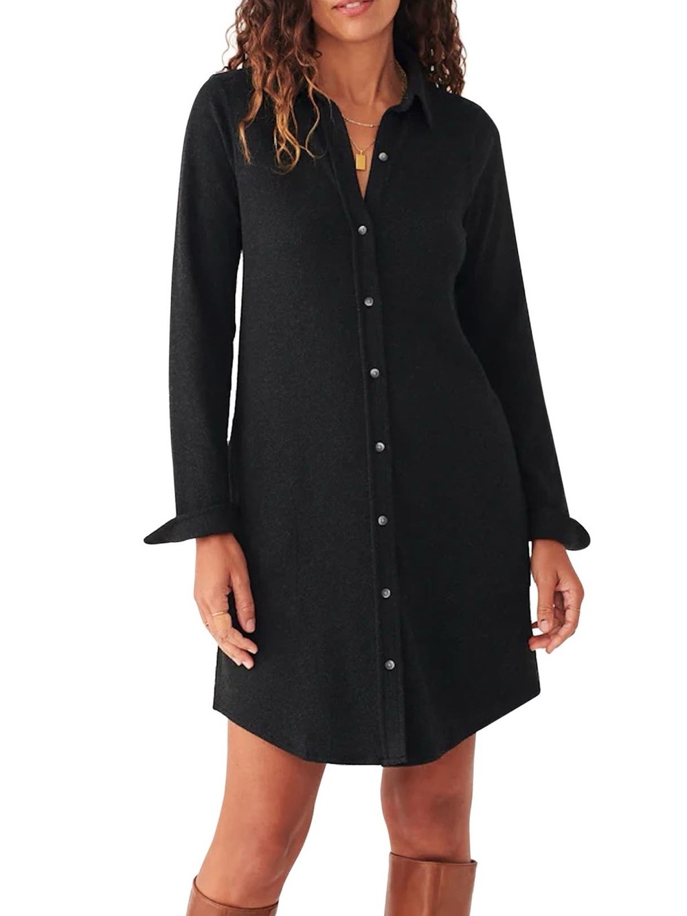 Faherty Legend Sweater Shirt Dress in Heathered Black Twill